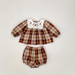 2024 Autumn Infant Baby Kids Girls Floral Embroidery Collar Long Sleeves Plaid Top Dress+Bloomers Sets Wholesale