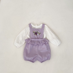 2024 Autumn Infant Baby Girls Solid Color Striped Long Sleeves Dress With Embroidered Overalls Sets Wholesale