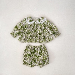 2024 Autumn Infant Baby Kids Girls Green Flowers Pattern Long Sleeves Top Dress+Bloomers Sets Wholesale