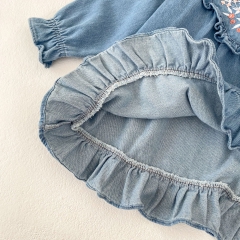 2024 New Arrival Autumn Denim Infant Baby Girls Flowers Embroidery Pattern Dress Wholesale