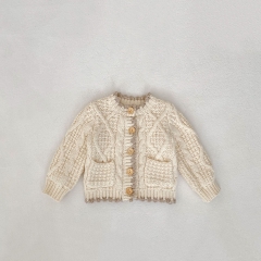 New Autumn Infant Baby Kids Unisex Jacquard Pattern Pocketed Long Sleeves Single Breasted Knitted Cardigan Wholesale