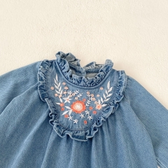 2024 New Arrival Autumn Denim Infant Baby Girls Flowers Embroidery Pattern Dress Wholesale
