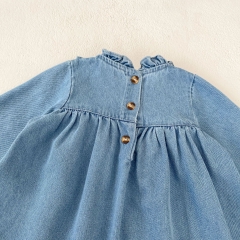 2024 New Arrival Autumn Denim Infant Baby Girls Flowers Embroidery Pattern Dress Wholesale
