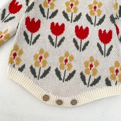 Infant Baby Girls Versatile Flowers Pattern One Piece Knitted Bodysuit Onesies in Autumn Wholesale