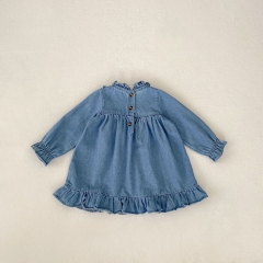 2024 New Arrival Autumn Denim Infant Baby Girls Flowers Embroidery Pattern Dress Wholesale
