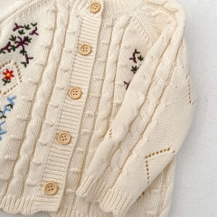 2024 Autumn Infant Baby Girls Floral Embroidery Pattern Long Sleeves Hollow-out Cardigan With Strap Bodysuit Onesies Sets Wholesale