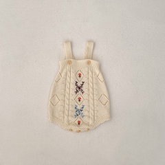 2024 Autumn Infant Baby Girls Floral Embroidery Pattern Long Sleeves Hollow-out Cardigan With Strap Bodysuit Onesies Sets Wholesale