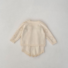 2024 Autumn Infant Baby Girls Floral Embroidery Pattern Long Sleeves Hollow-out Cardigan With Strap Bodysuit Onesies Sets Wholesale