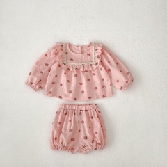 2024 Autumn Infant Baby Kids Girls Peaches Print Long Sleeves Top + Bloomers Sets Wholesale