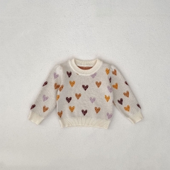 Ins 2024 New Autumn Baby Girls Pure Cotton Colorful Heart Pattern Long Sleeves Pullover Knitwear Wholesale