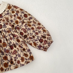 2024 Autumn Infant Baby Kids Girls Vintage Floral Print Long Sleeves Top + Bloomers Sets Wholesale