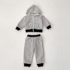 2024 Autumn Infant Baby Kids Unisex Striped Long Sleeves Zip-up Hoodie + Pants Sets Wholesale