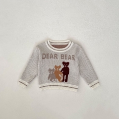 Ins 2024 New Autumn Baby Kids Unisex Pure Cotton Cute Teddy Bear Pattern Long Sleeves Pullover Knitwear Wholesale