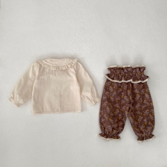 2024 Autumn Infant Baby Kids Girls Simple Solid Color Long Sleeves Top + Vintage Trousers Sets Wholesale