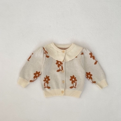 New Autumn Infant Baby Kids Girls Pure Cotton Flowers Jacquard Long Sleeves Single Breasted Knitted Cardigan Wholesale