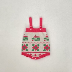 2024 Autumn Infant Baby Girls Cottage Jacquard Pattern Long Sleeves Cardigan With Strap Bodysuit Onesies Sets Wholesale