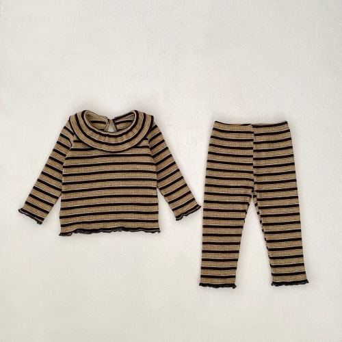 2024 Autumn Infant Baby Kids Girls Vintage Striped Long Sleeves Top + Trousers Casual Sets Wholesale