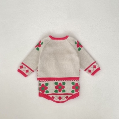 2024 Autumn Infant Baby Girls Cottage Jacquard Pattern Long Sleeves Cardigan With Strap Bodysuit Onesies Sets Wholesale