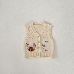 Baby and Toddler Girls' 0-3 Years Knitted Sleeveless Animals Embroidery Pattern and Hollow-out Vest Wholesale