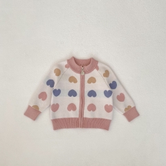 New Autumn Infant Baby Kids Girls Colorful Heart Pattern Long Sleeves Zip-up Knit Cardigan Wholesale