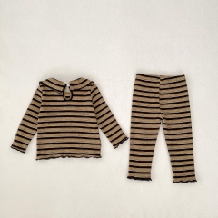 2024 Autumn Infant Baby Kids Girls Vintage Striped Long Sleeves Top + Trousers Casual Sets Wholesale