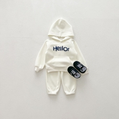 2024 Autumn Infant Baby Kids Unisex Simple Letters Pattern Long Sleeves Hoodie + Plain Trousers Sets Wholesale