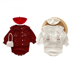 2024 Autumn Infant Baby Girls Argyle Hollow-out and Floral Embroidered Long Sleeves Cardigan With Strap Bodysuit Onesies Sets Wholesale