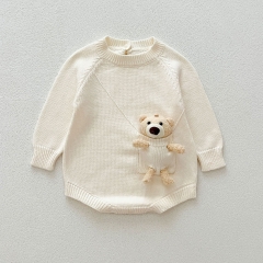 Infant Baby Unisex Versatile Teddy Bear Attached One Piece Knitted Bodysuit Onesies in Autumn Wholesale