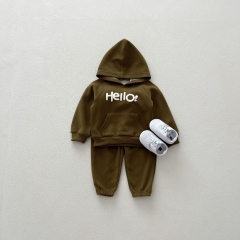2024 Autumn Infant Baby Kids Unisex Simple Letters Pattern Long Sleeves Hoodie + Plain Trousers Sets Wholesale