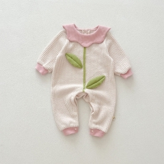 Infant Baby Girls 3D Leaves Attached One Piece Knitted Rompers in Autumn Wholesale