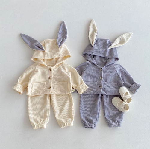 2024 Autumn Infant Baby Kids Girls Sports Style Rabbits Hoodie Design Long Sleeves Top + Trousers Casual Knitted Sets Wholesale