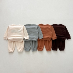 2024 Autumn Infant Baby Kids Unisex Simple Pattern Long Sleeves Pullover + Plain Trousers Sets Wholesale