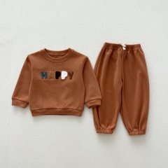 2024 Autumn Infant Baby Kids Unisex Simple Pattern Long Sleeves Pullover + Plain Trousers Sets Wholesale