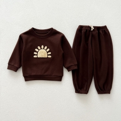 2024 Autumn Infant Baby Kids Unisex Simple Pattern Long Sleeves Pullover + Plain Trousers Sets Wholesale