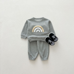 2024 Autumn Infant Baby Kids Unisex Simple Pattern Long Sleeves Pullover + Plain Trousers Sets Wholesale
