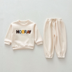 2024 Autumn Infant Baby Kids Unisex Simple Pattern Long Sleeves Pullover + Plain Trousers Sets Wholesale