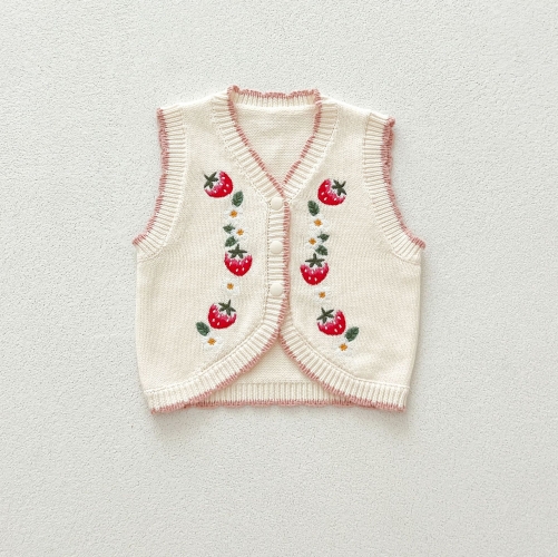 Baby and Toddler Girls' Knitted Sleeveless Strawberry Embroidery Pattern Vest Wholesale