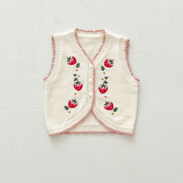 Baby and Toddler Girls' Knitted Sleeveless Strawberry Embroidery Pattern Vest Wholesale