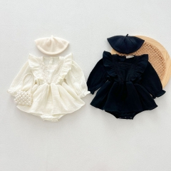 Infant Baby Girls Floral Pattern Embroidery One Piece Solid Color Onesies Dress in Autumn Wholesale