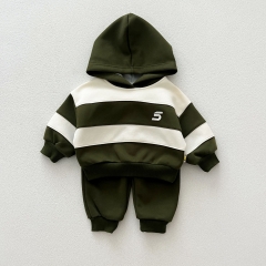 2024 Autumn Infant Baby Kids Unisex Simple Pattern Long Sleeves Striped Pullover + Plain Trousers Sets Wholesale