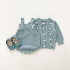 2024 Autumn Infant Baby Kids Girls Knitted Hollow-out Pattern Cardigan and Onesies Clothing Sets Wholesale