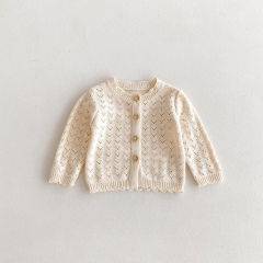 2024 Autumn Infant Baby Kids Girls Knitted Hollow-out Pattern Cardigan and Onesies Clothing Sets Wholesale