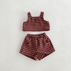 2024 Autumn Infant Baby Kids Girls Simple Plaid Sleeveless Vest Top + Shorts Sets Wholesale