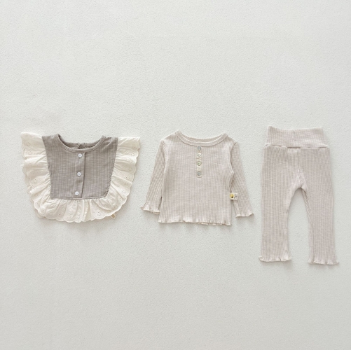 Sweet and Versatile 3-Piece Knitted Set: Round Neck Simple Top+Vest and Pants for Baby Girls and Toddlers Wholesale