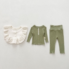 Sweet and Versatile 3-Piece Knitted Set: Round Neck Simple Top+Vest and Pants for Baby Girls and Toddlers Wholesale