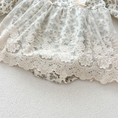 Infant Baby Girls Floral Print One Piece Onesies Tulle Patchwork Dress in Autumn Wholesale