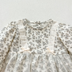 Infant Baby Girls Floral Print One Piece Onesies Tulle Patchwork Dress in Autumn Wholesale