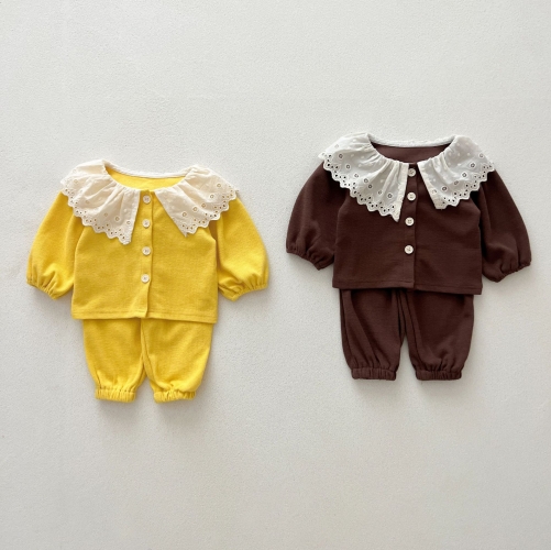 Sweet and Versatile Two-Piece Set: Single Breasted Top and Solid Color Pants for Baby Girls and Toddlers Wholesale