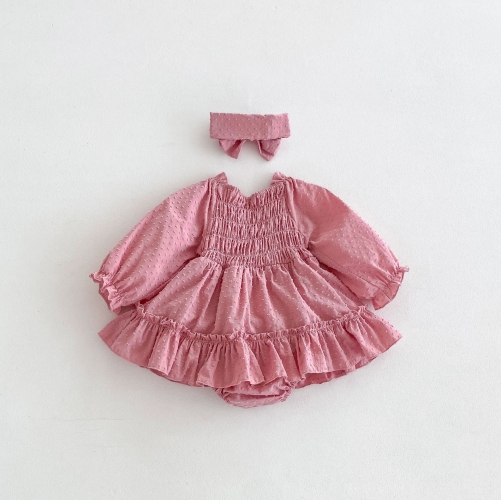 Infant Baby Girls Jacquard Pattern One Piece Pleated Onesies Dress in Autumn Wholesale