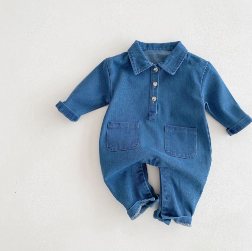 Infant Baby Simple Solid Color Denim Pocketed One Piece Rompers in Autumn Wholesale